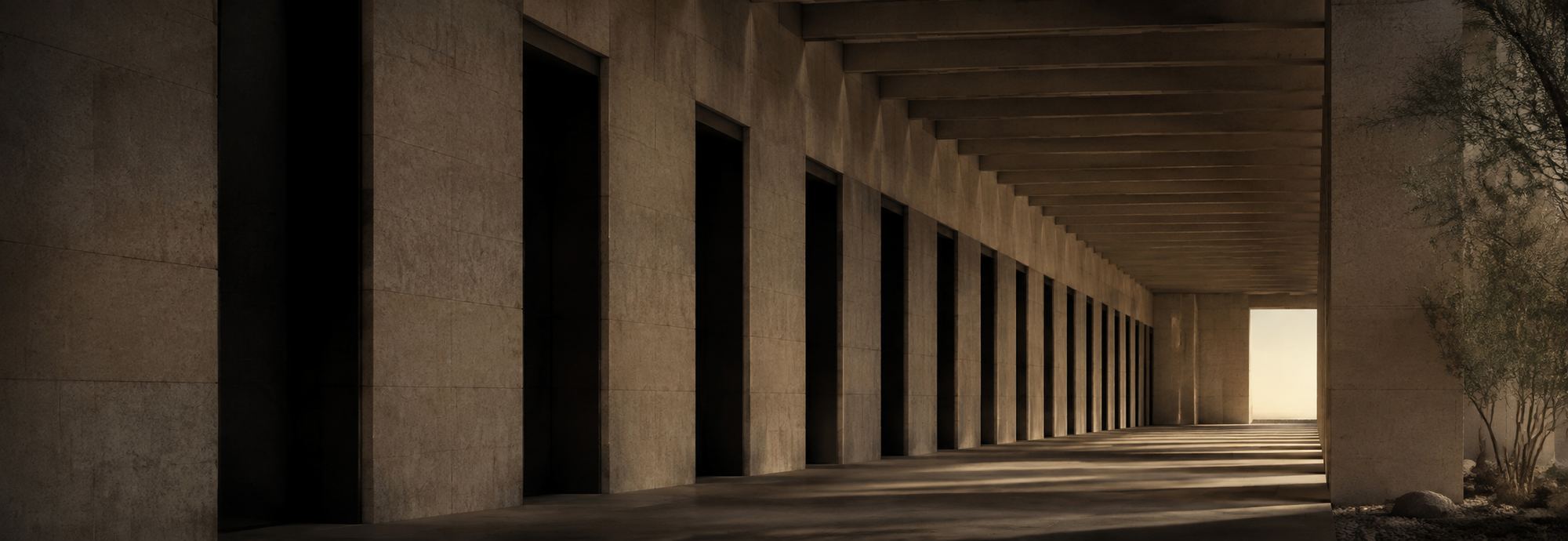 رواق طويل من الحجر الجيري ينفتح نحو الضوء — a long limestone colonnade opening toward light