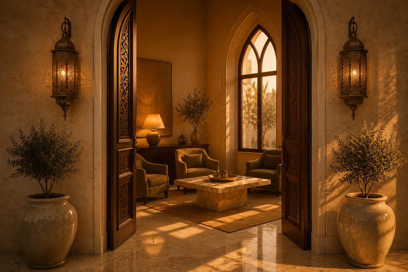 فناء متعدد الاستخدامات بحدائق — a mixed-use limestone courtyard with gardens