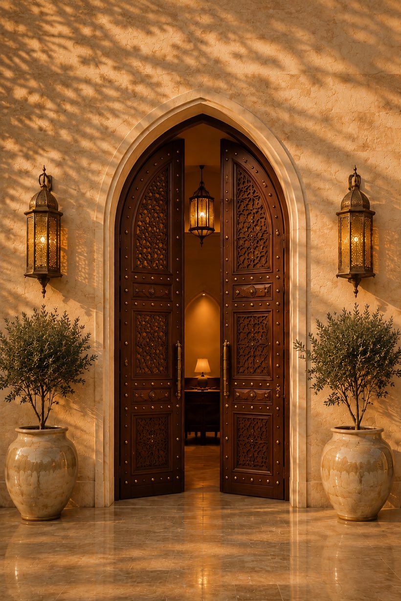 باب من خشب الجوز مُشرَع على مكتب مضاء — a walnut door standing ajar onto a lit study